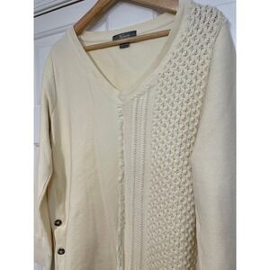 Natural Reflections Cotton V-Neck Textured‎ Knit Sweater Long Tunic Cream L Warm